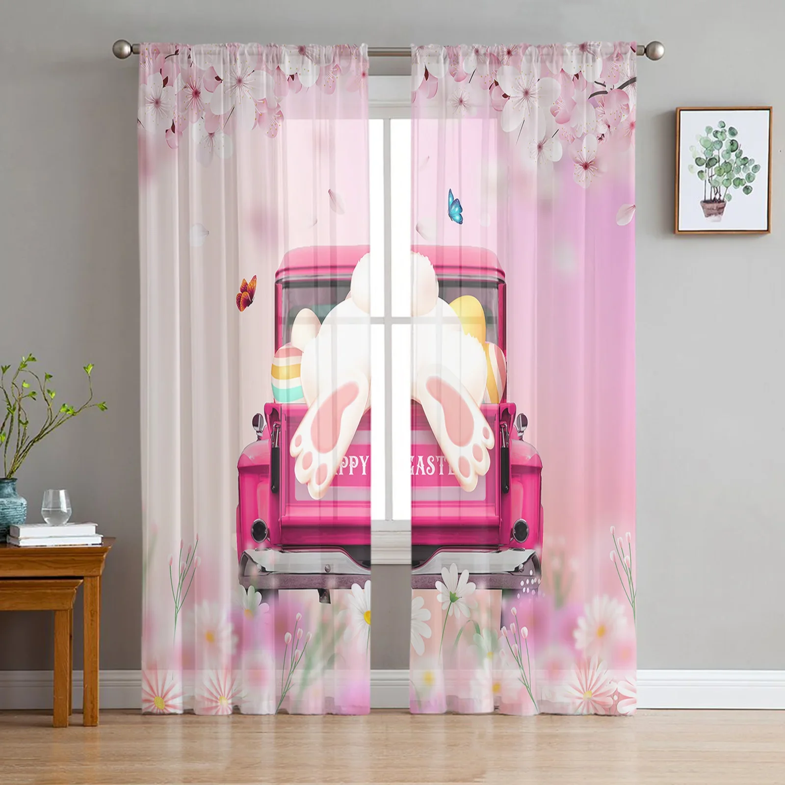 

Easter Truck Bunny Butterfly Cherry Blossom Sheer Curtains for Living Room Voile Curtain Bedroom Tulle Curtains Window Drapes