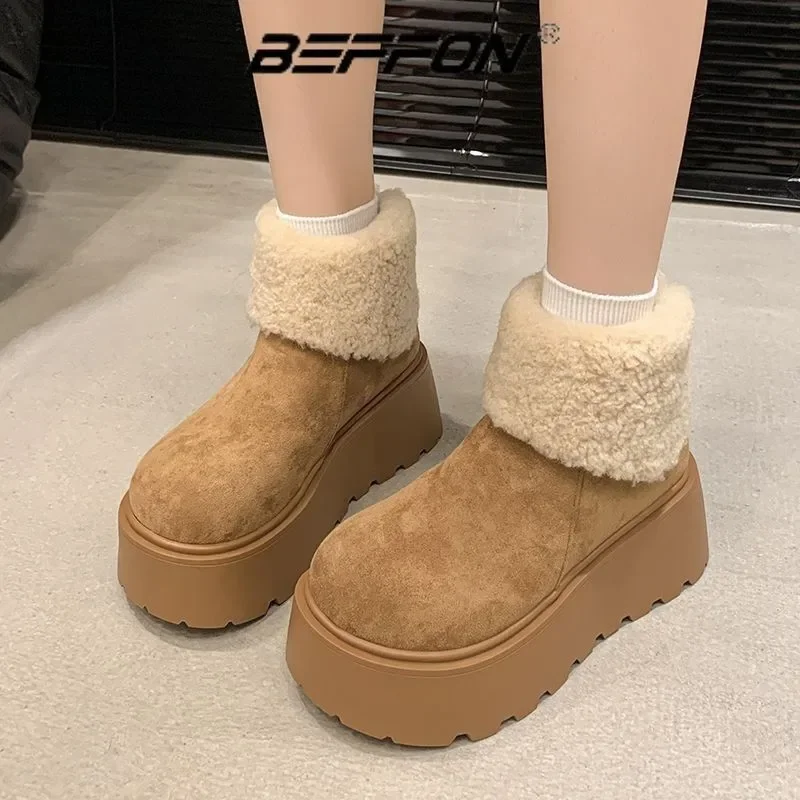 2025 Fleece mouth thick sole elevating snow boots women's wool mango head short tube thickened warm northeast snow cotton boots