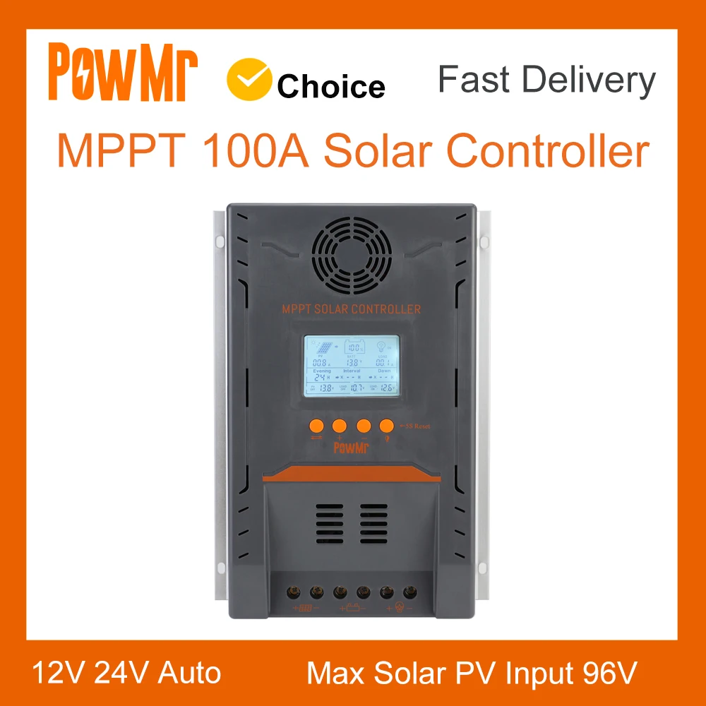 powmr mppt 100a controlador de carga solar entrada maxima 96v display lcd 12v 24v carga da bateria com camadas sistema operacional autonomo 01