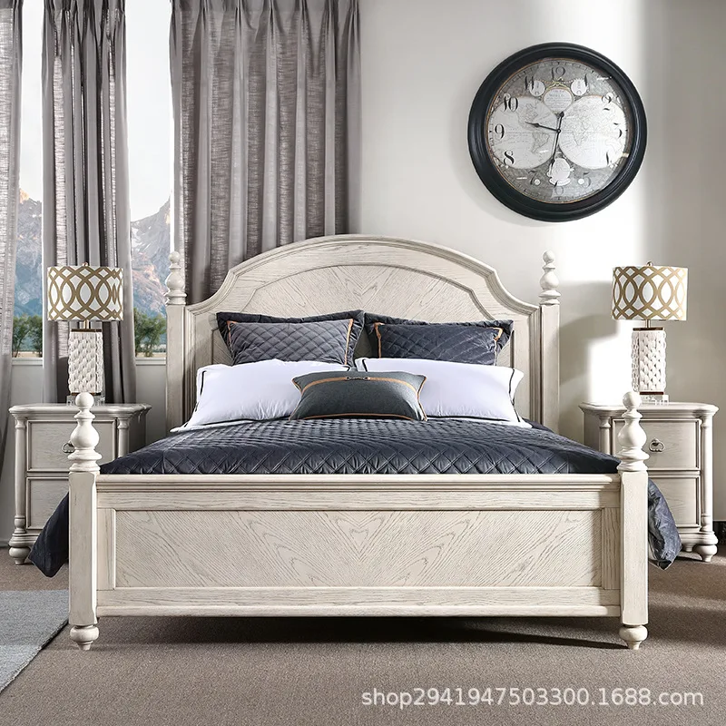 

Американская деревенская двуспальная кровать из массива дерева 1.5 * 1.8 м, белая, под старину, для спальни