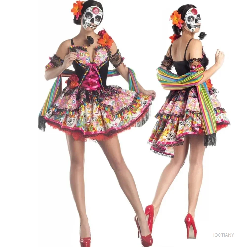 

Adult Mexican Day Of The Dead Flower Fairy Costume Skeleton Ghost Bride Dress Women Vampire Cosplay Halloween Party Fancy Set