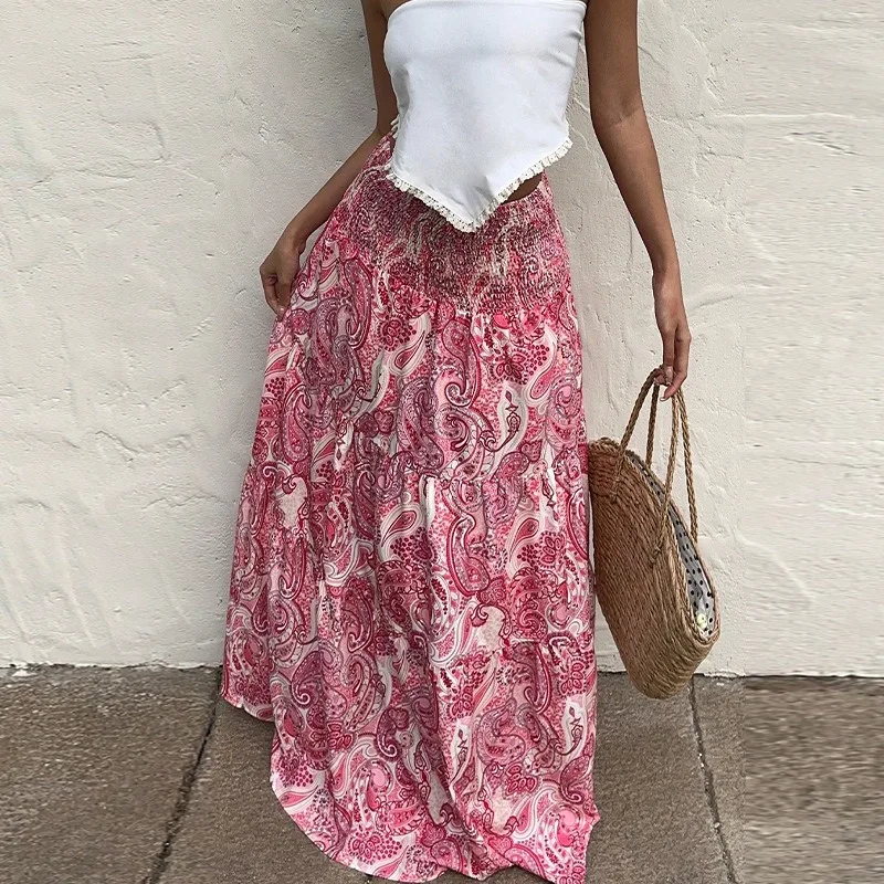 2025 Autumn Women's New Stitched Resort Style Big Swing Umbrella Fashion Printed Skirt