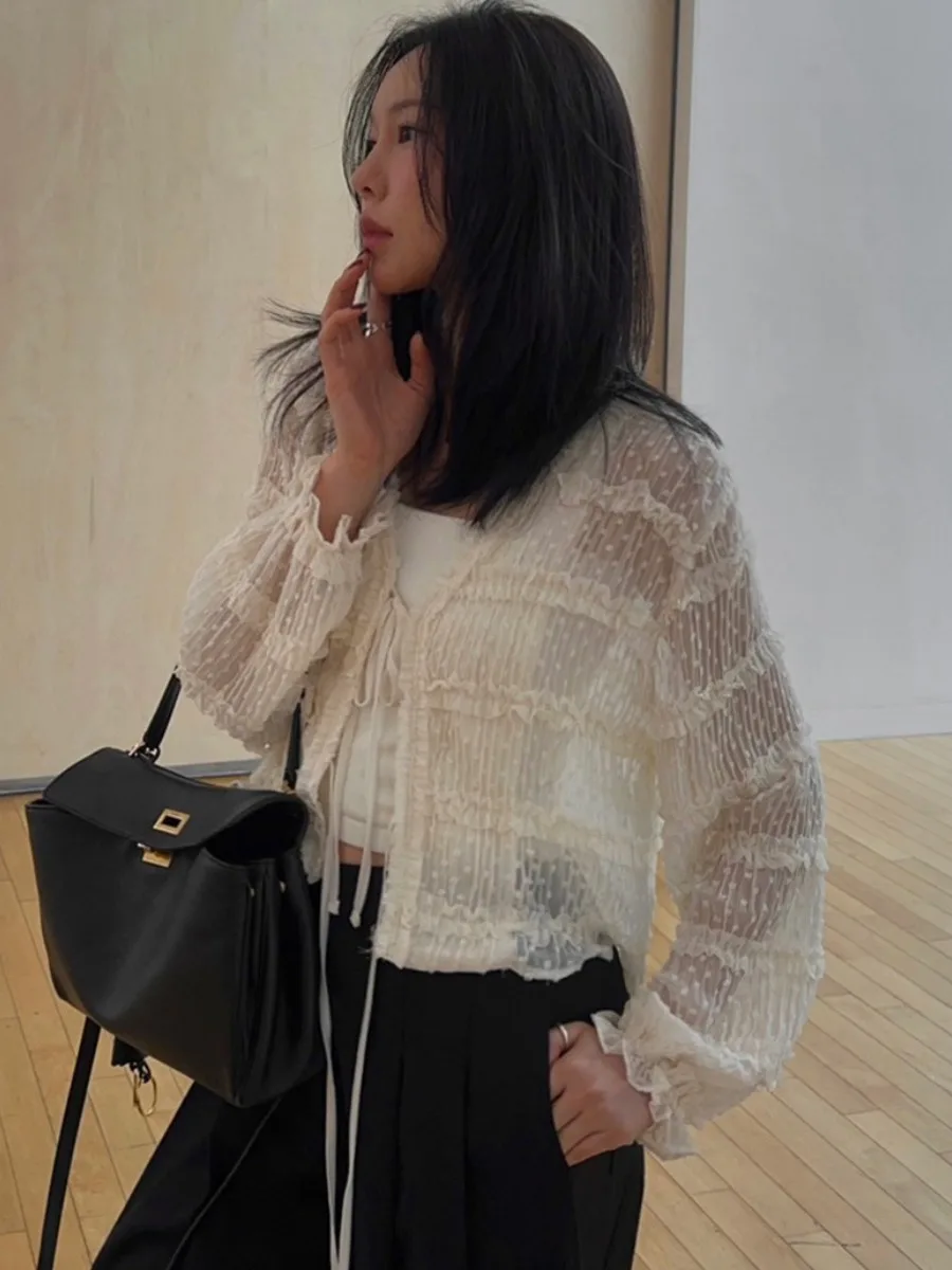 

Chic Wooden Knot Lace irt Women's ort Sweet Pleated Spring New Sle Top Sweet Commute Pure E-commerce