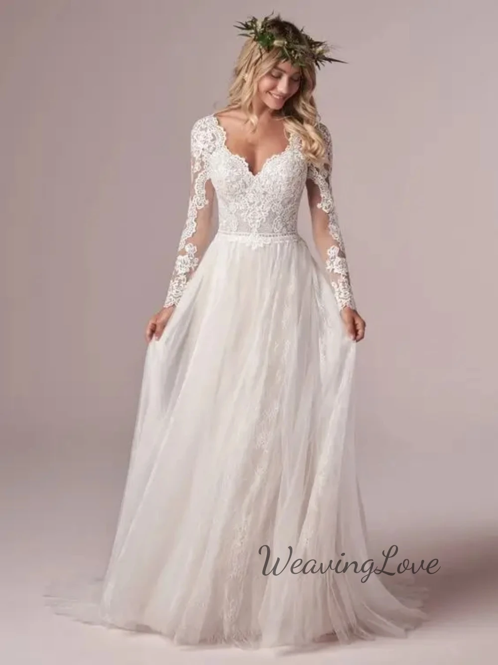 

Classic V- Neckline Open Back Long Sleeve Modern Wedding Dresses 2023 Tulle Lace A Line Floor Length Vestido Wedding Gown Custom