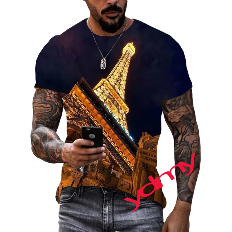 New Summer Tide Eiffel Tower Picture Men T-Shirts  Casual 3D Print Tees Hip Hop Personality Round Neck Short Sleeve  Tops