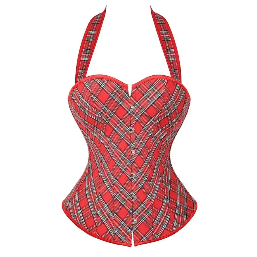 Women Corset Top with Halter Push Up Burlesque Overbust Bustier Vest Red Plaid Girls Victorian Lingerie Plus Size Korsett