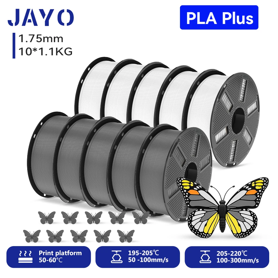 JAYO 10 Rollen PLA+ Filament 1,75 mm PLA Plus 3D-Drucker-Filament 1,1 kg/Rolle für FDM, ordentlich gewickelt, farbenfrohes 3D-Druckmaterial für 3D-Drucker & 3D-Stifte