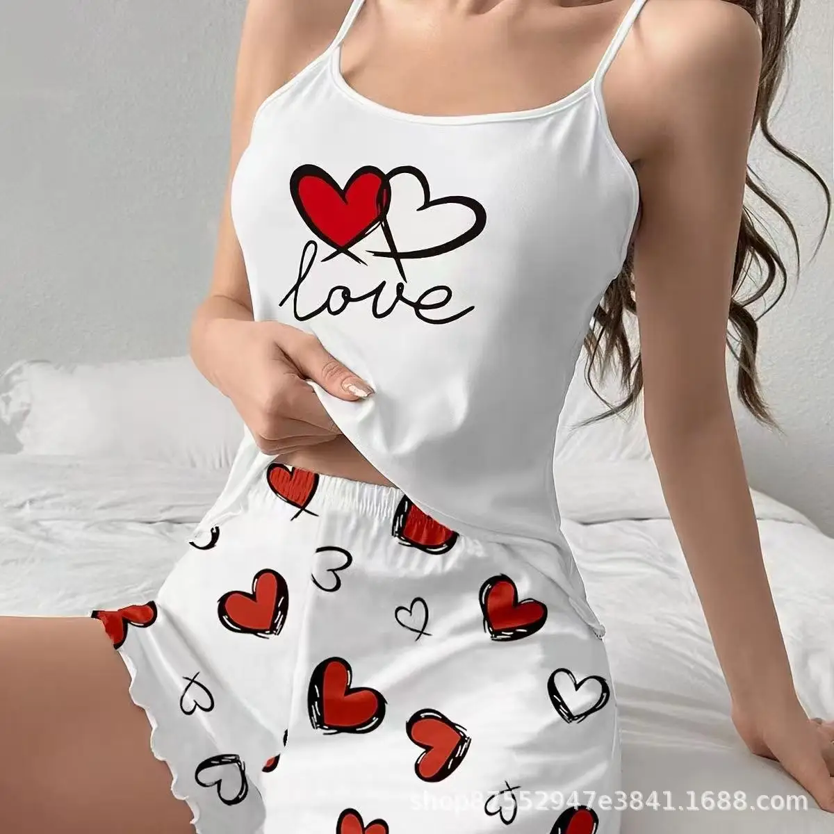 

Летний пижамный комплект с милым принтом Love Bear для женской одежды для дома, укороченные топы и шорты, одежда для сна, домашняя одежда