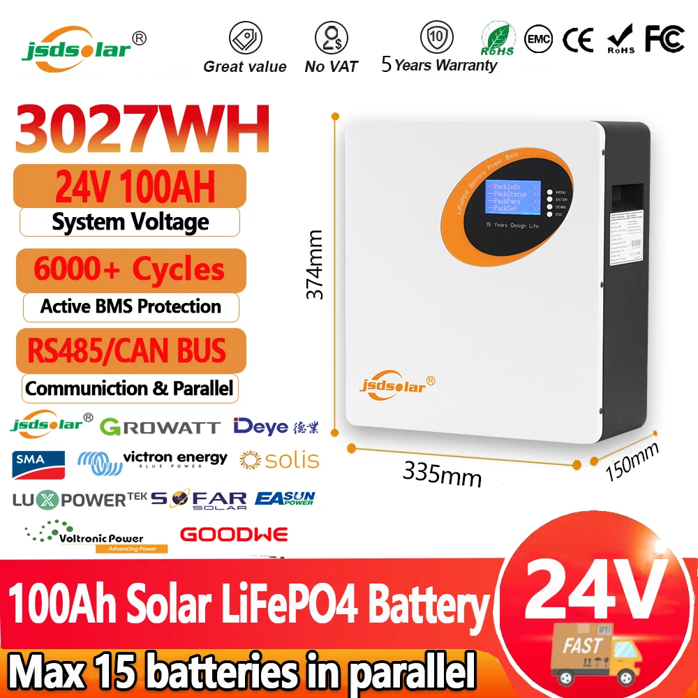 

LiFePO4 24V 100Ah Battery Pack 2.5Kwh 100A BMS Portable Wheeled 25.6V 100Ah Lithium Battery Powerwall 6000+ Cycle CAN RS485