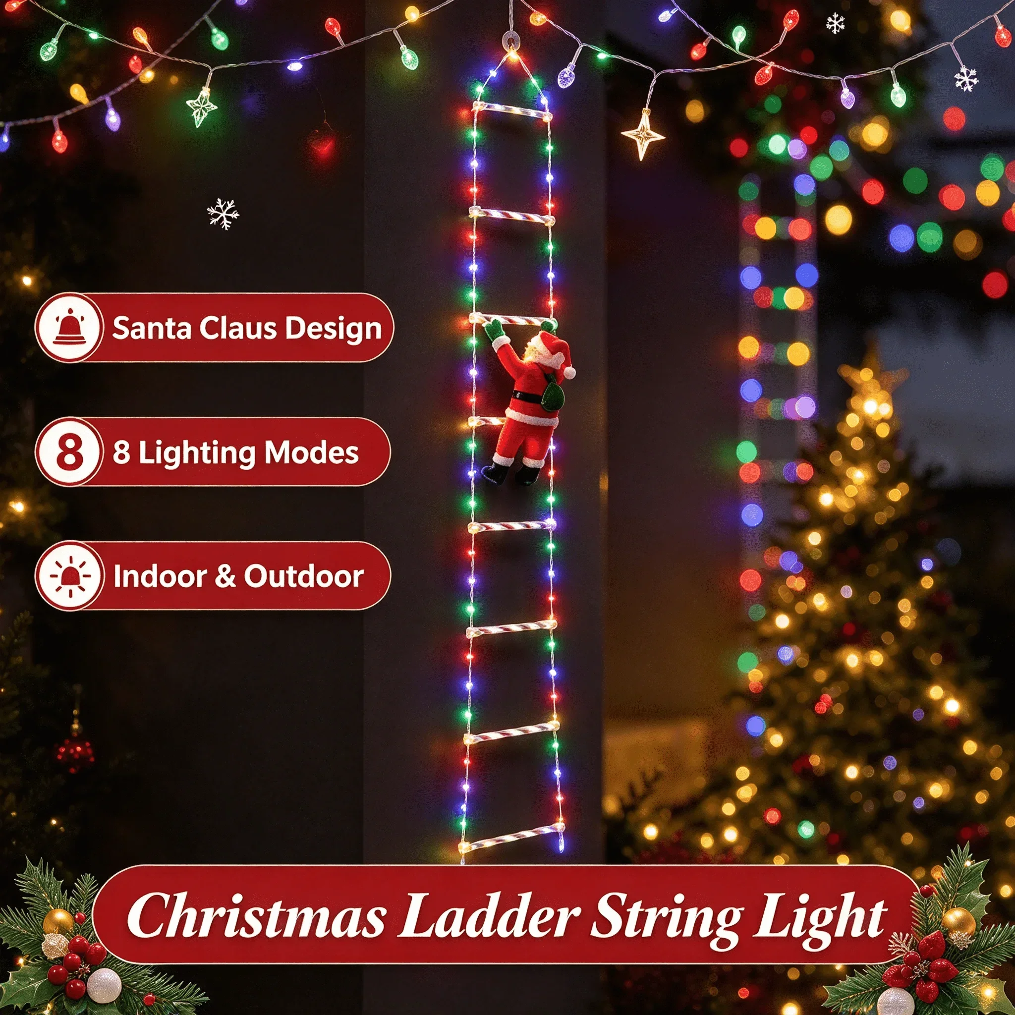 3M Santa Claus Ladder LED String Lights Hanging Christmas Festive for Window Patio Indoor Outdoor Holiday Party Decor Garden