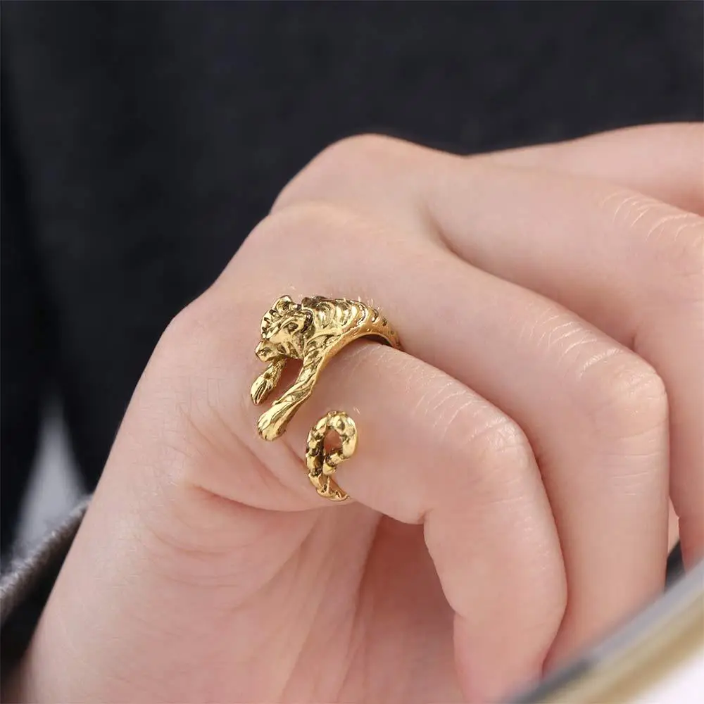 Trendy Adjustable Fierce Tiger Ring Ancient Gold Silver Vintage Animal Style Ring Exquisite Alloy Opening Ring Men and Women