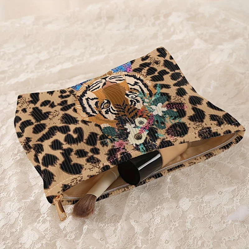 Fashionable tiger leopard print corduroy makeup bag with zipper, lightweight multifunctional cosmetic storage bag with lining