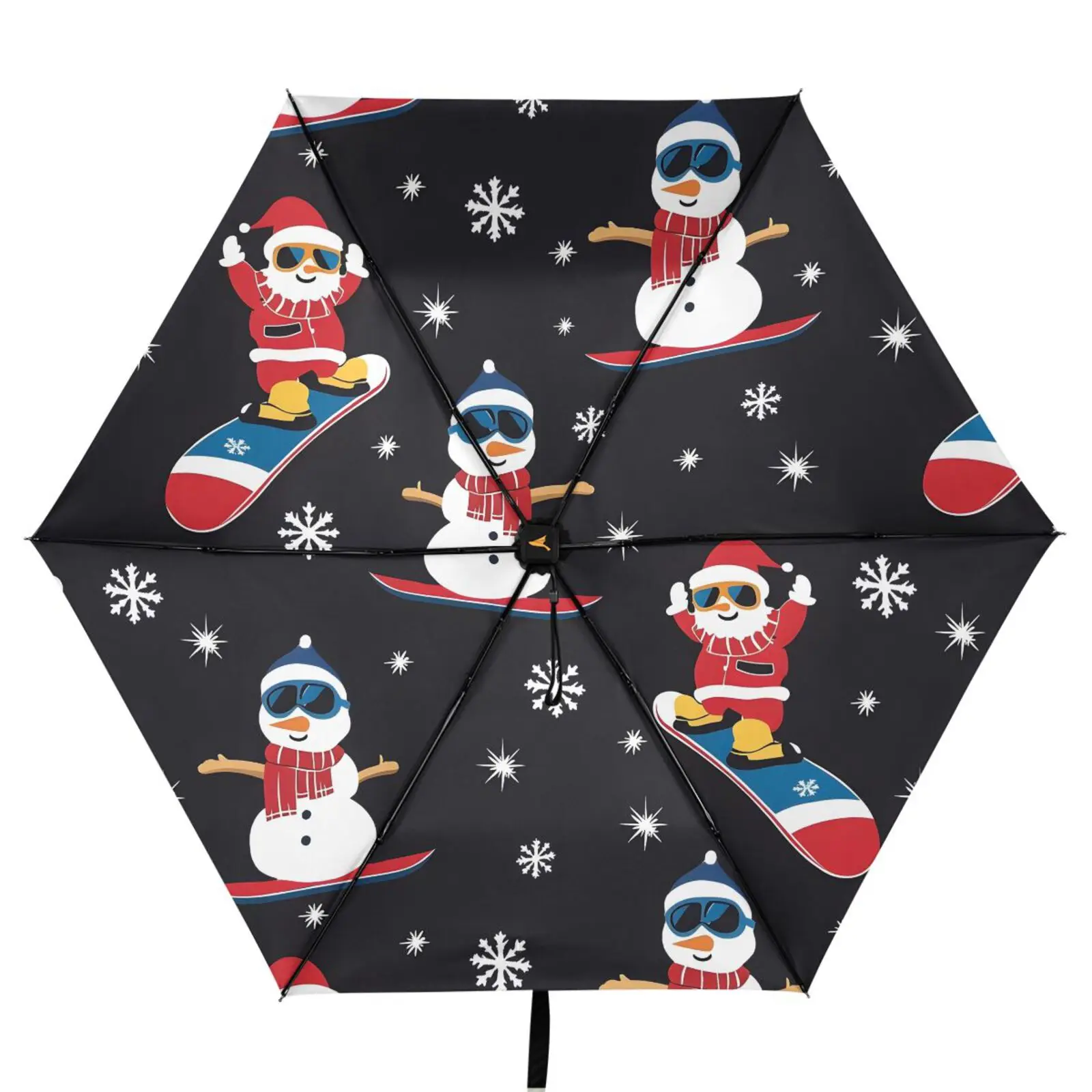 

Three Folding Umbrella Parasol Women Anti-UV Sun Protection Umbrella Outside Black Coating 6 Ribs Santa Claus print
