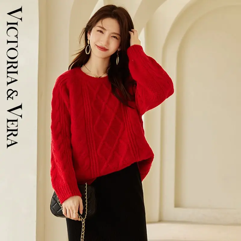 VICTORIA&VERA Women's knitted sweater simple twisted all-match sweater women 2024 autumn and winter red sweater women