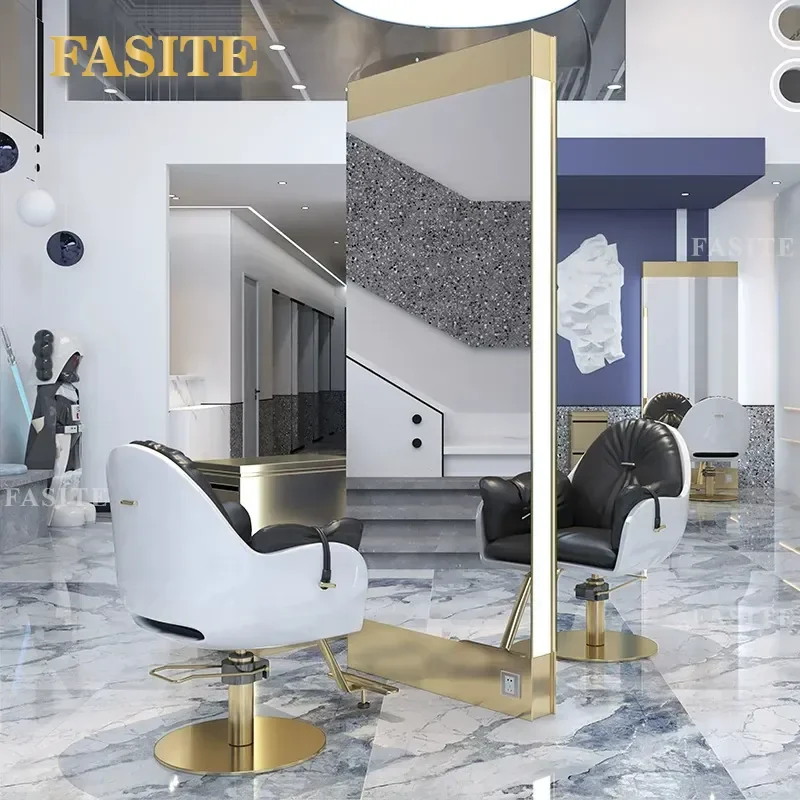 For Hair Barber Shop Floor Mirror with Lamp Single Double Sided Perm Dye Cutting Station High End Furniture
