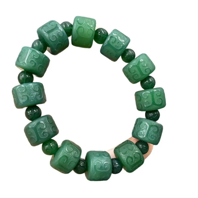 Green Agate Abacus Bead Bracelet with Carved Patterns 5