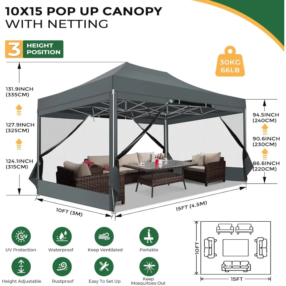 Kanopi Pop-Up Komersial 10x15 dengan 4 Dinding Samping, Tenda Pesta dengan Kelambu untuk Pengaturan Luar Ruangan yang Mudah