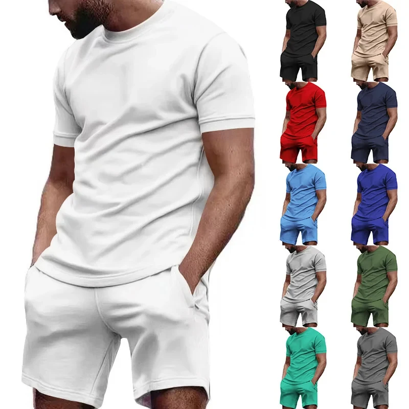 Simple New Style Solid Color Short Sleeved T-shirt Shorts Casual Set Men's Fashion Summer Loose New Men's Sports Two-piece Sets