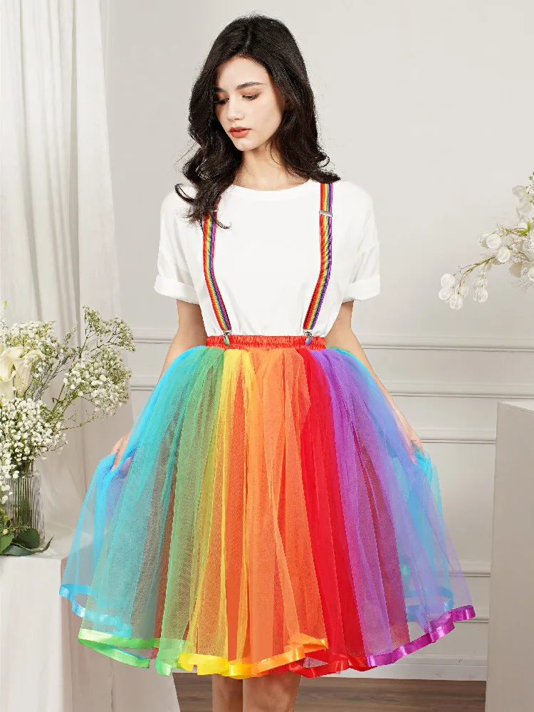 Jupe courte Tutu arc-en-ciel pour femmes, 5 couches, en Tulle doux, Costumes de Cosplay pour filles, jupes en maille, haute bande élastique, cadeau