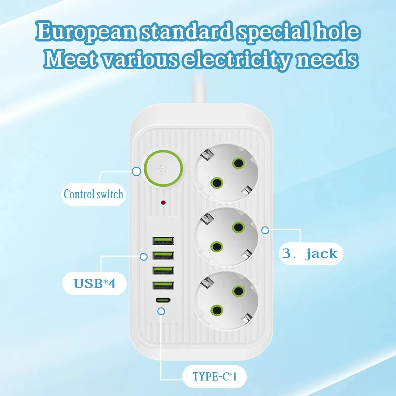 EU Plug Power Strip 2M Extension Cable Multiprise 3AC Outlets Electrical Socket with USB Type-C Network Filter Fast Charging