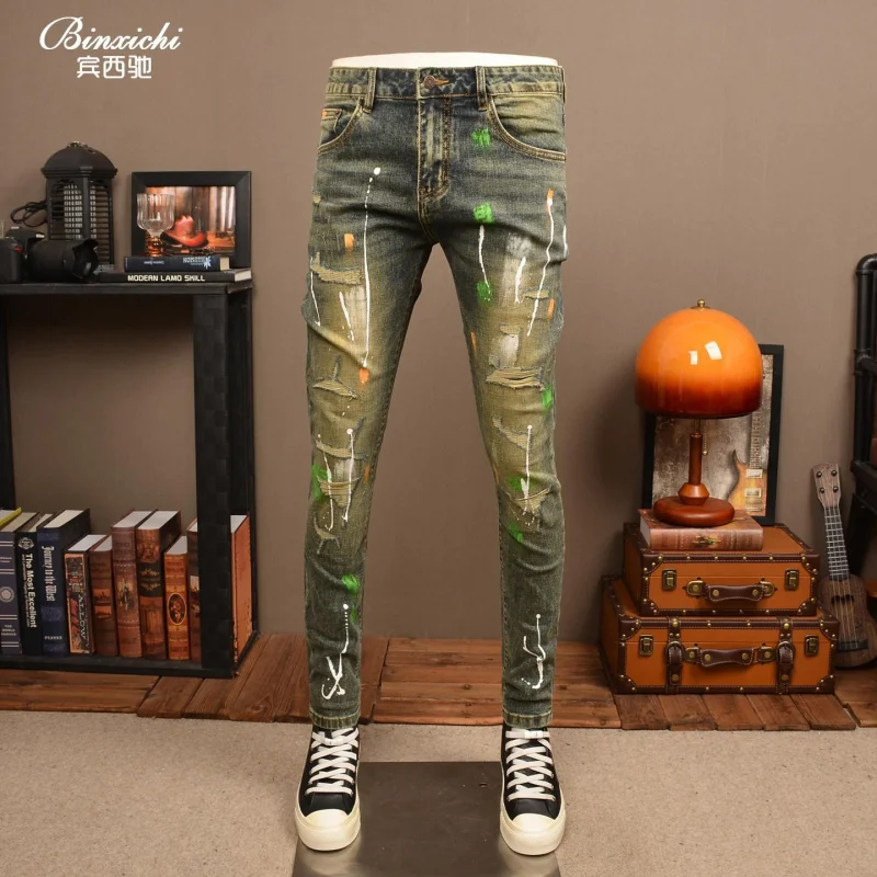 Men's Vintage American Style Denim Pants, Washed, Ripped, Stretch Slim, Paint Patched, Retro, Versatile, Daily Casual, Skinny Pa