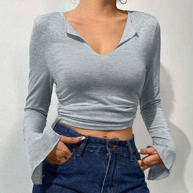 Fashion Women's Clothing Autumn/winter Sexy Large V-neck Slim Fit Short Pleated Flared Sleeves Long Sleeved T-shirt Top YSQ39