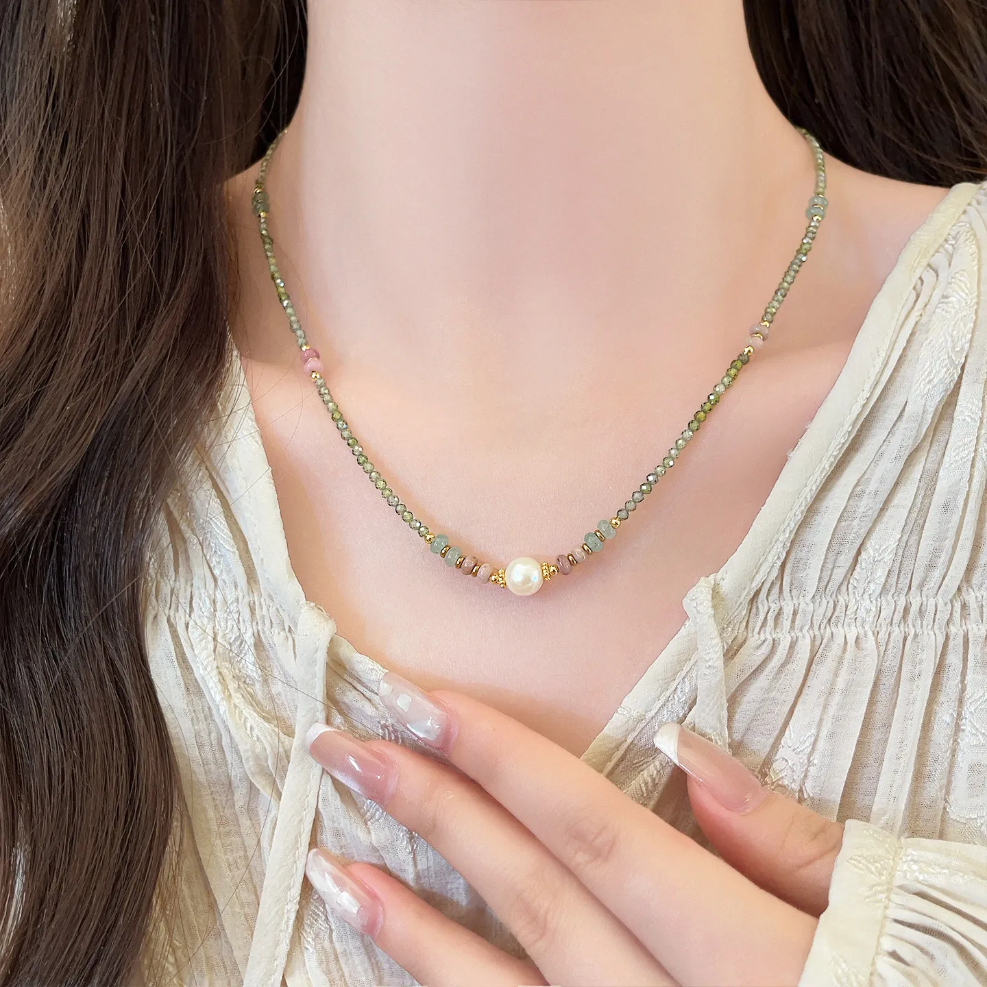 100% Natural Freshwater Pearl & Green Crystal Beads 14K Gold Filled Lady Short Chain Necklace Promotion Jewelry Women Gifts