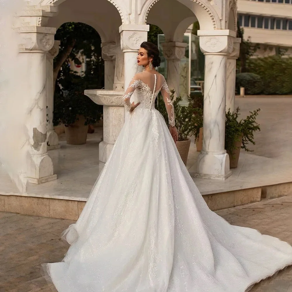 Onelife personalizzato elegante O collo illusione manica lunga abiti da sposa abito da sposa applique in pizzo abito da sposa principessa Vestido