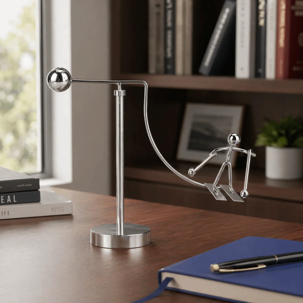 2pcs Rotating Dynamic Balancing Man Figure Electroplating Iron Perpetual Motion Model Silver Kinetic Art Desk Ornament
