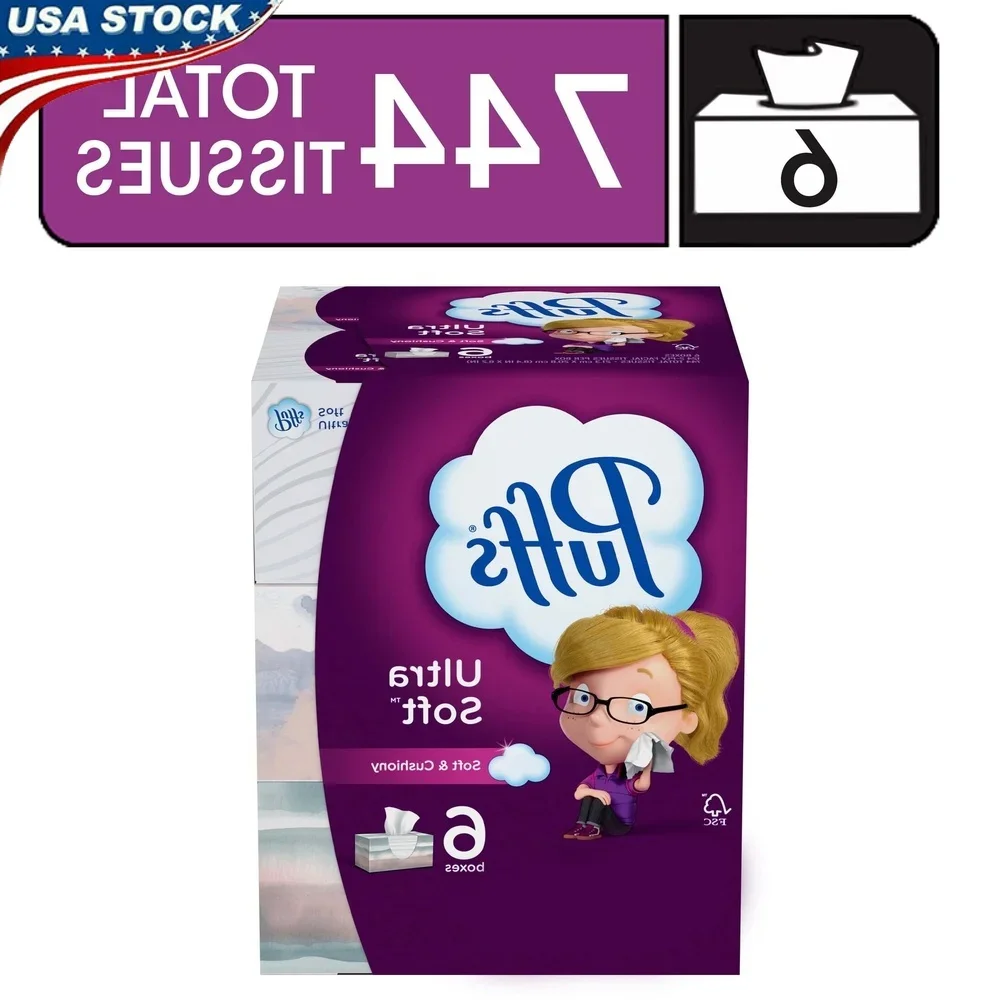 

Ultra Soft Facial Tissues 6 Boxes 124 Tissues Each 2-Ply Cushiony Softness Gentle on Sensitive Skin Strong Non-Lotion