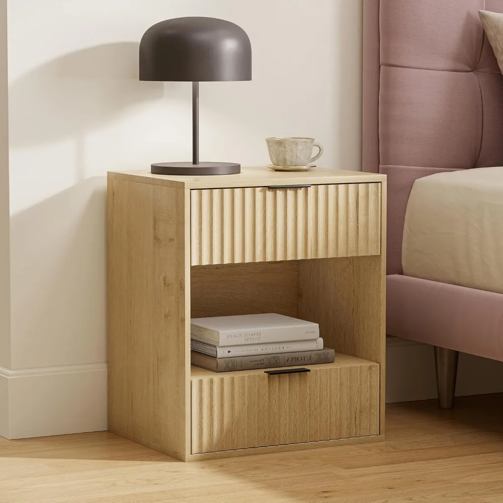 

2 Drawer End Side Table, Modern Fluted Night Stand with Open Shelf, Large Wood End Table Cabinet with Storage for Bedroom, Livin