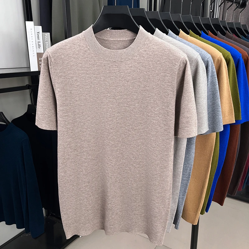 2025 Spring and Autumn Thin Fashion Men's Short Sleeve Woolen Sweater Solid Color Sweater Half Sleeve Knitted Sweater