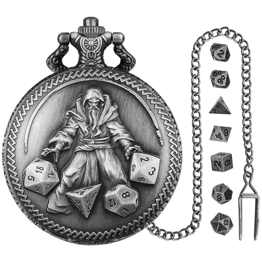 Metal Pocket Watch Case Mini Polygon Dices Set Grey Black/Bronze Wizard Pattern Dices Storage Cases with Pocket Chain