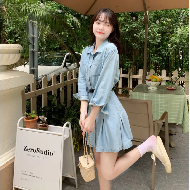 Yanling 2023 Fall Women's Clothing New Denim Shirt Women Dress Pleated Skirt Hot Girl Blue Short Skirt M-4XL 100.00kg