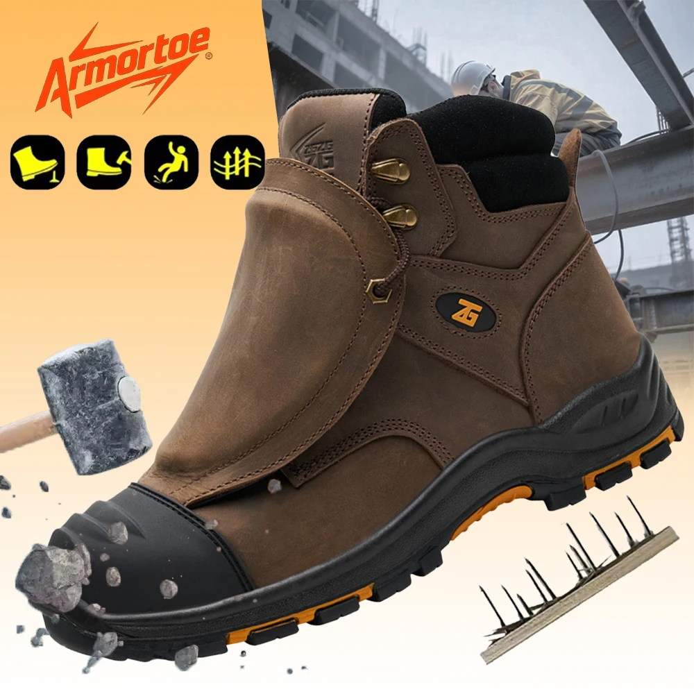 

ArmorToe Crazy Horse Leather Welding Boots Heatproof Spark Resistant Steel Toe Puncture Proof Mid Cut Work Safety #Armor3045