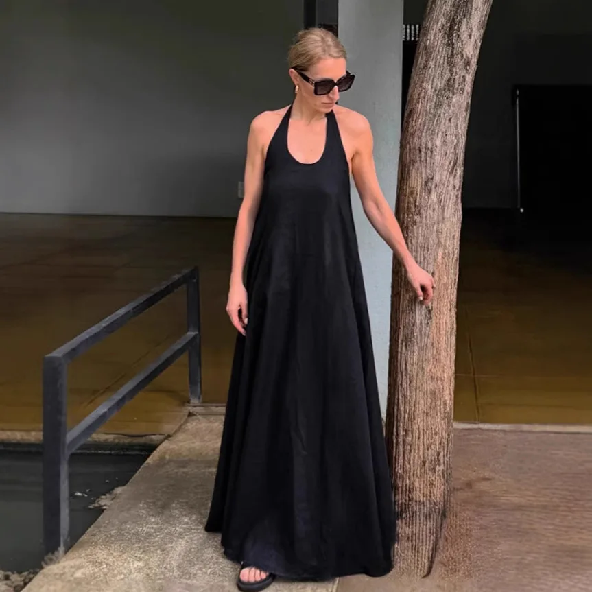 

2025 Summer Classic Women's Black A-Line Dress Casual Vacation Cotton Linen Elegant Retro Long Maxi Dress One Piece Outfit