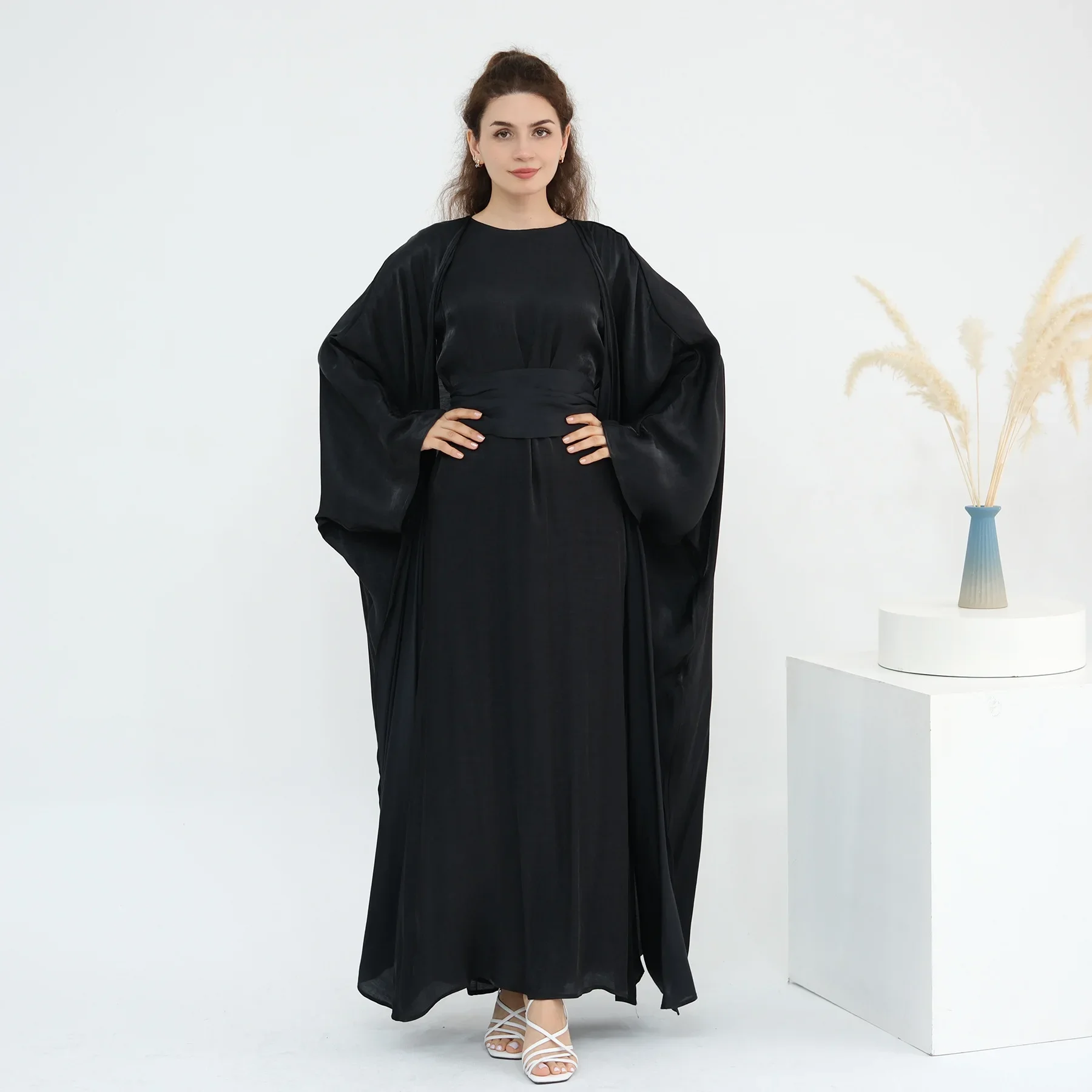 2 pçs eid brilhante aberto abaya dubai kaftan feminino conjuntos muçulmanos quimono jalabiya vestido kebaya caftan marocain femme robe islam roupas