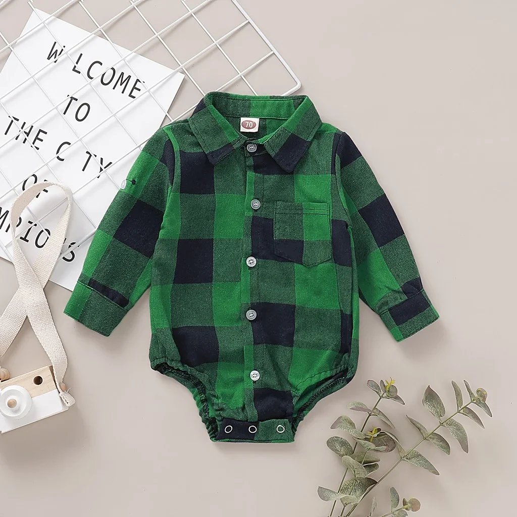 0-12 Months Newborn Baby Boys Bodysuit Plaid Long Sleeve Turn Down Collar Shirt Romper Spring&Autumn Gentleman Casual Clothes