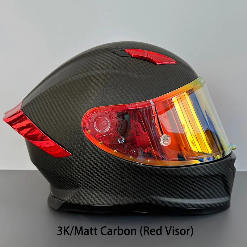 

3K Matt Black Carbon Fiber Helmet Full Face Racing Motorbike Helmet with Red Visor Tail wing and Anti-fog Sticker DOT