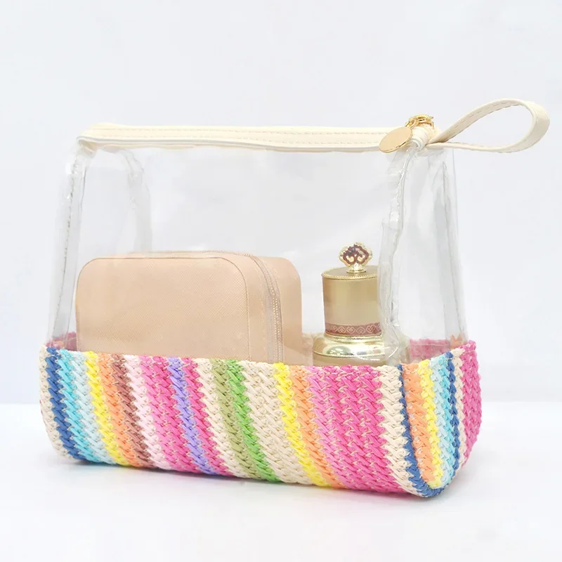 Durable Women's Grass Knitted Handheld Cosmetic Storage Bag Transparent Toilet Products Cosmetic Handheld Storage Bag