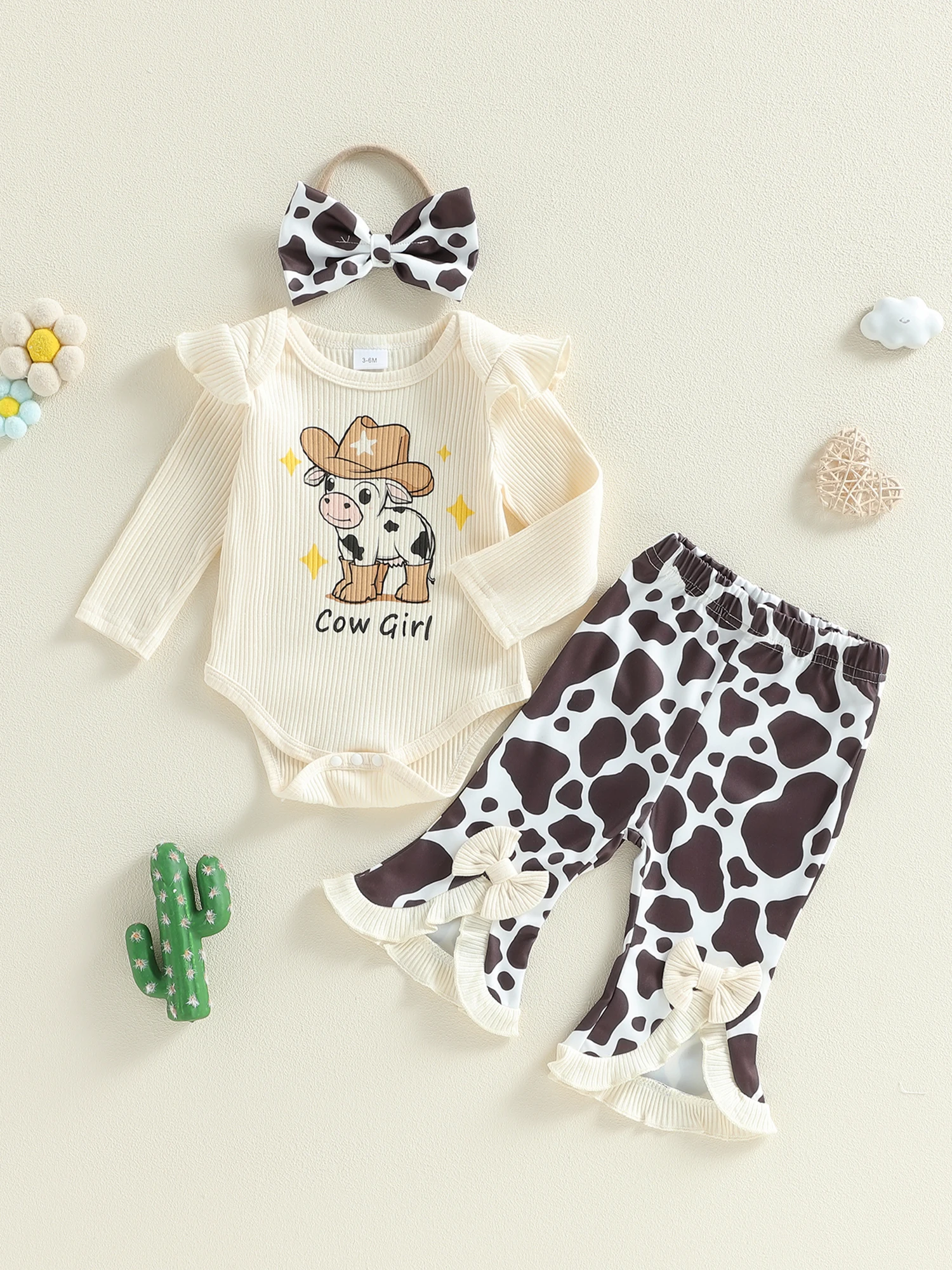 

Baby Girl Western Clothing Set Fashionable Cow Printed Long Sleeve Romper with Bell Bottom Headband 3Pcs Outfits