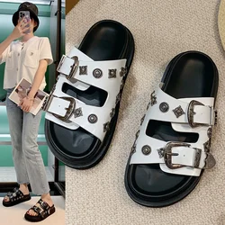 Summer Women Slippers Platform Rivets Punk Rock Leather Mules Creative Metal Fittings Casual Party Shoes Female Outdoor Slides