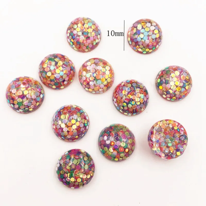 50PCS Resin 10mm Colorful Glitter Round Bead Flatback Rhinestone Scrapbook Crafts Diy Half Beads Jewelry Making W7710