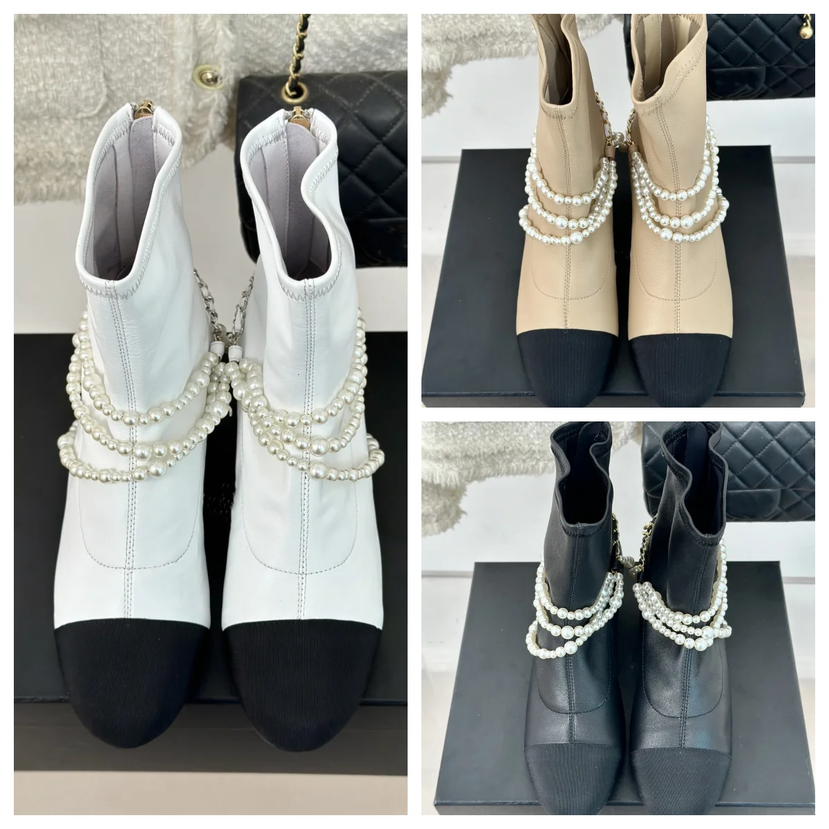 

Autumn and winter new colourful pearl chain boots rhinestone stars beaded round head thick with fashion elegant boots