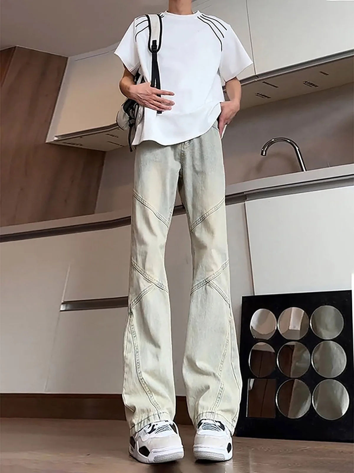 

Мужские джинсы Cleanfit Design Sense в стиле пэчворк, американские, для подростков, прямого кроя, цвета желтой грязи, с эффектом потертости, прямые брюки-трубы