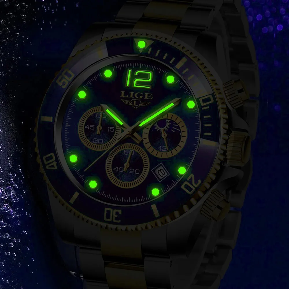 LIGE Top Brand Luxury Man Watch Business Stainless Steel Quartz Wristwatches Luminous Waterproof Watches Men Clock Gift+Box