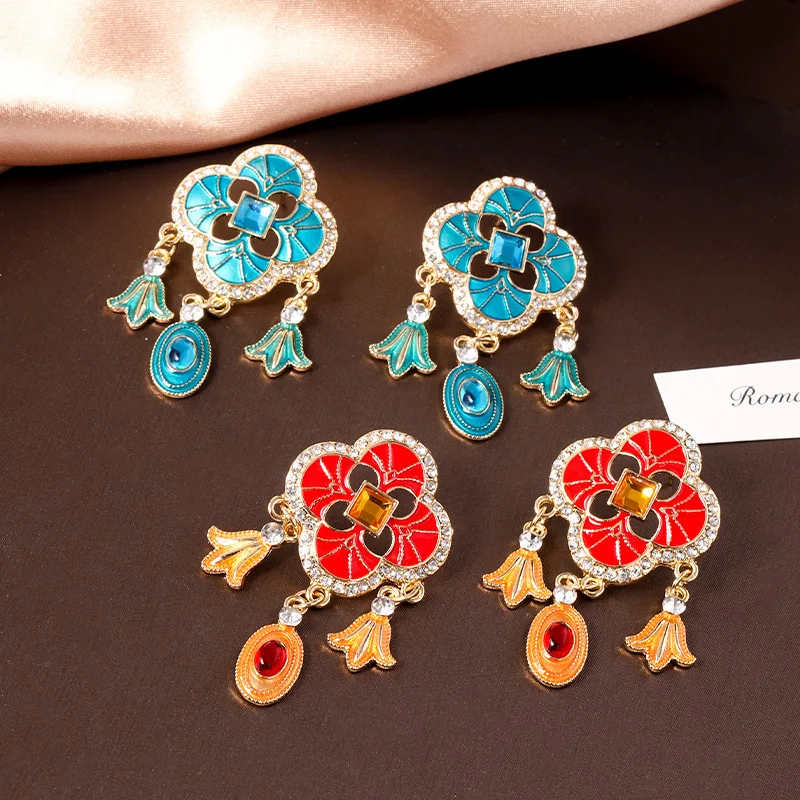 

KITYKISS 18K Gold Plated Petal Diamond Earrings, 2025 New Enamel Tassel Earrings, High-End Ethnic Style Women's Earrings