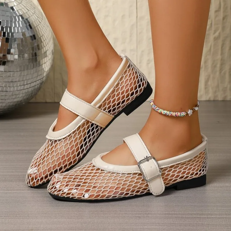 Sandalias de mujer de malla transpirables, sandalias versátiles de moda para mujer, zapatos planos Mary Jane de suela suave para mujer Sandalias De Mujer_voghion.com
