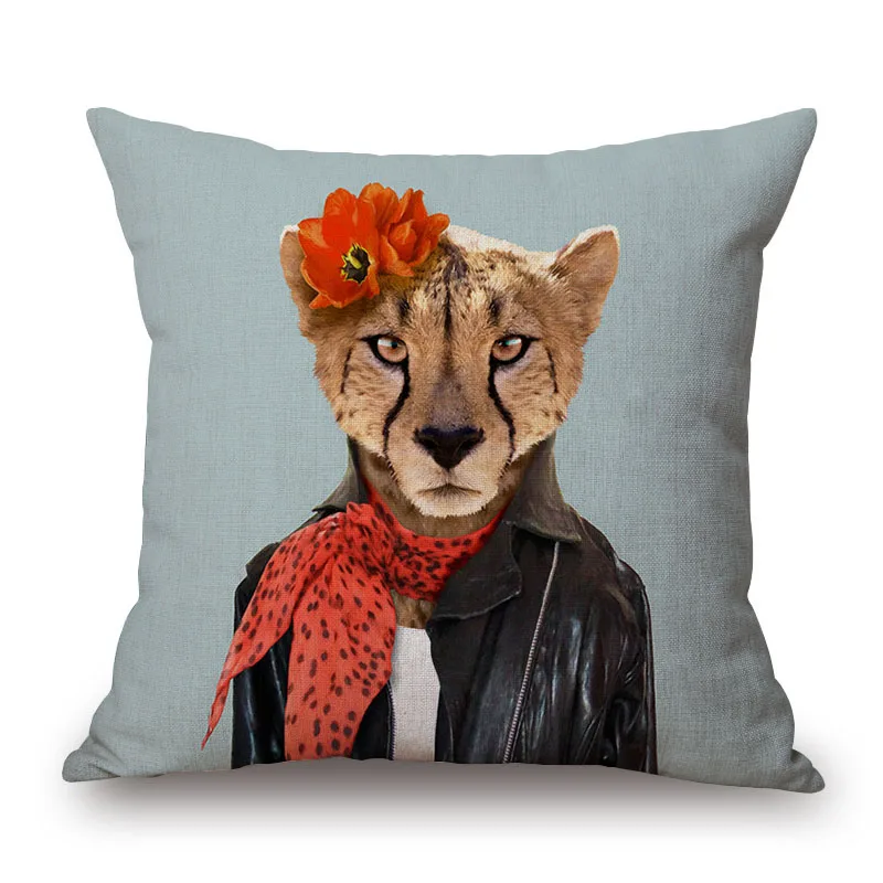 Hand Painting Animals Portraits Cushion Covers Giraffe Wolf Cow Cheetah Goat Geese Bear Raccoon Bull Linen Pillow Case