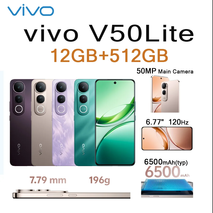 

VIVO V50 Lite 5G 6.77" 120Hz Display 12GB+512GB 50MP Cam 6500mAh Long Lasting Battery Type-C Dual SIM Unlocked Smartphone